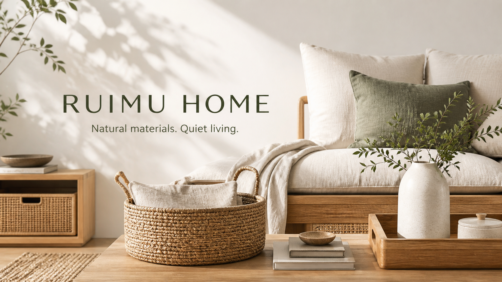 Ruimu Home natural living room scene with woven basket, linen cushions, ceramic vase, and oak wood.